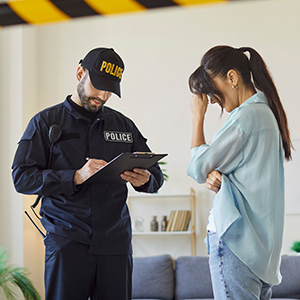 Police officer taking a report from a distressed woman at an accident scene.