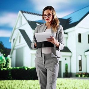 Real estate lawyer reviewing property documents in front of a modern home for a legal case.